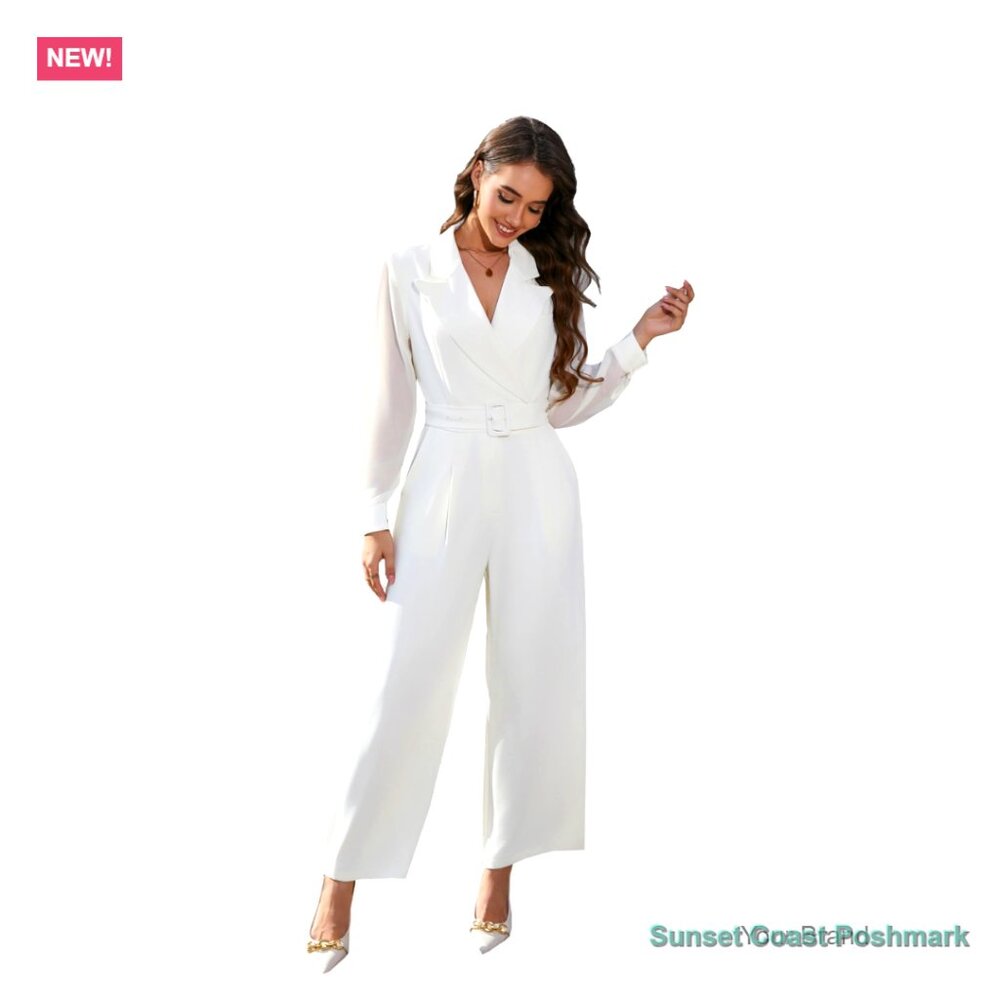 100% Polyester Formal Jumpsuit with Long Sleeves and Belted Waist